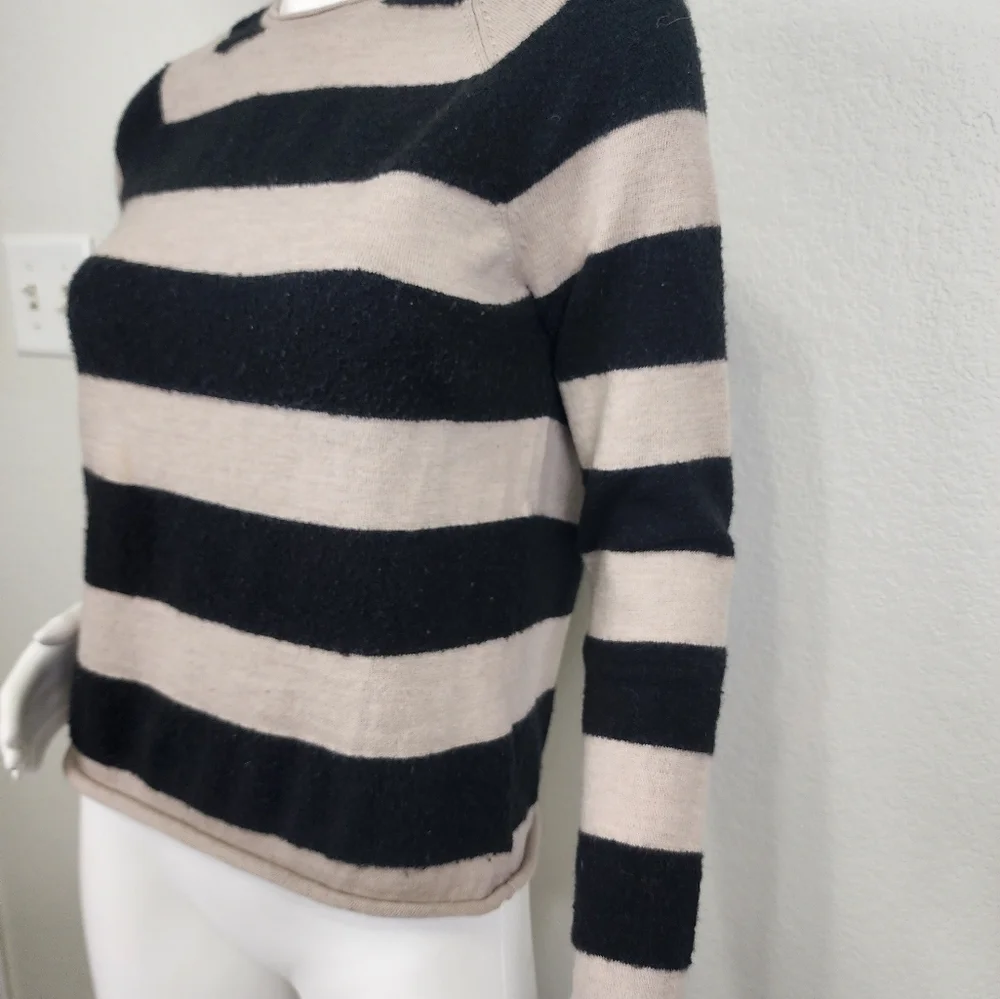 Tory Burch Striped Black Tan Long Sleeve Wool Sweater Size S
